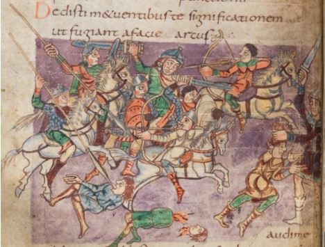 Horse archers riding backwards (Stuttgart Psalter f.7v)